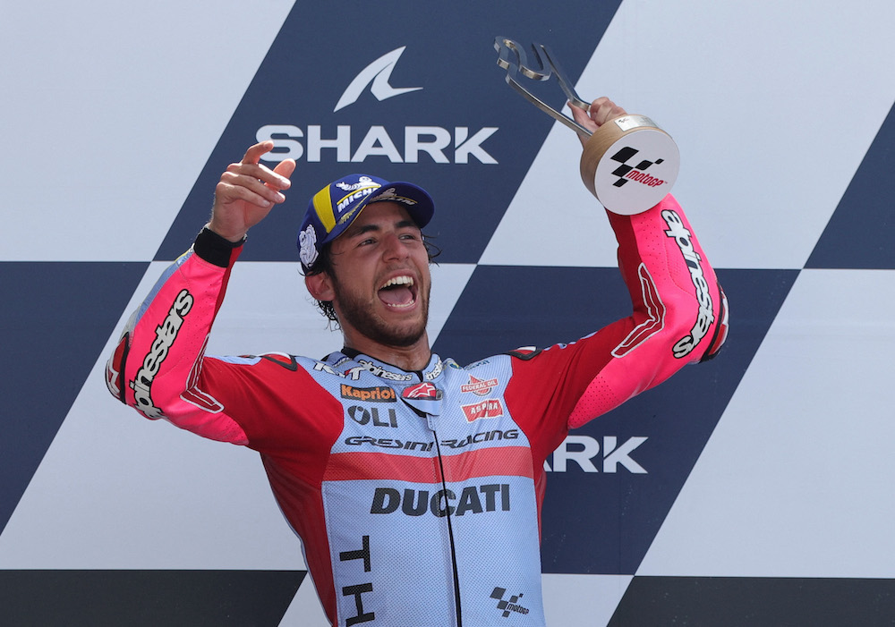 Gresini Racing MotoGP's Enea Bastianini celebrates with the trophy on the podium after winning the MotoGP race, Le Mans May 15, 2022. u00e2u20acu201d Reuters pic