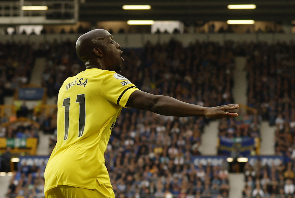 Brentford's Yoane Wissa celebrates their first goal against Everton, May 15, 2022. u00e2u20acu201d Action Images via Reuters/Jason Cairnduff 