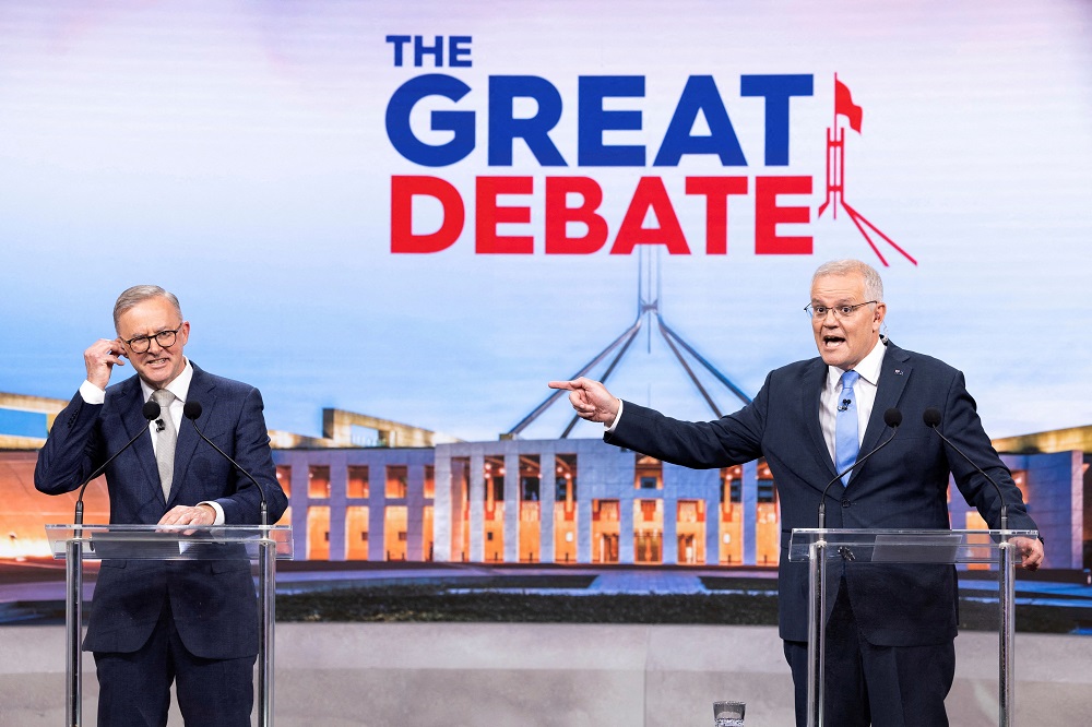 Australian incumbent Prime Minister Scott Morrison and Opposition Leader Anthony Albanese debate on live television ahead of the 2022 federal election, in Sydney  May 8, 2022. u00e2u20acu201d Pool pic via Reuters