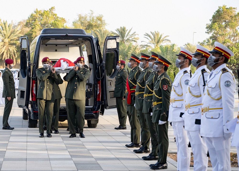 UAE Honour Guard pallbearers carry the body of late President of the UAE Sheikh Khalifa bin Zayed Al Nahyan during his funeral, in Abu Dhabi, United Arab Emirates, May 13, 2022. u00e2u20acu201d Picture courtesy of Ministry of Presidential Affairs/Handout via Reuters