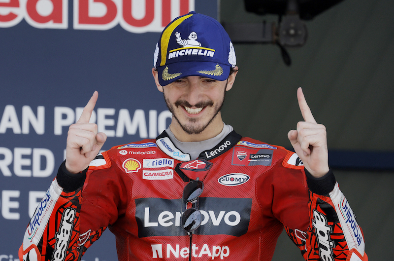 Ducati Lenovo's Francesco Bagnaia celebrates on the podium after winning the Spanish Grand Prix at Circuito de Jerez, Jerez, Spain May 1, 2022. u00e2u20acu201d Reuters pic