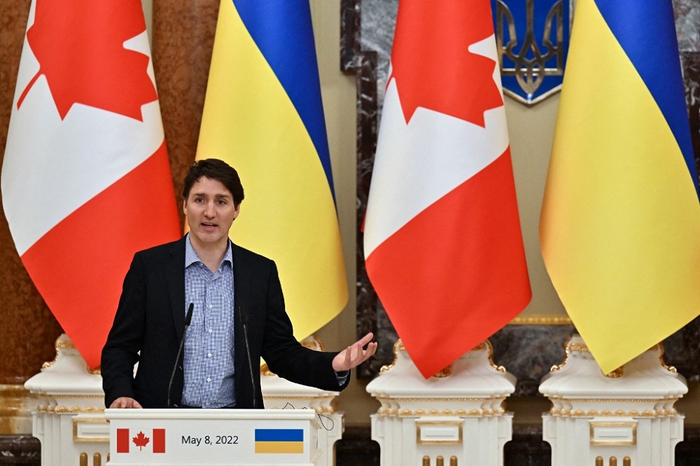 Canada's Prime Minister Justin Trudeau gestures during a joint press conference with Ukrainian President Volodymyr Zelensky in Kyiv May 8, 2022. u00e2u20acu201d AFP pic