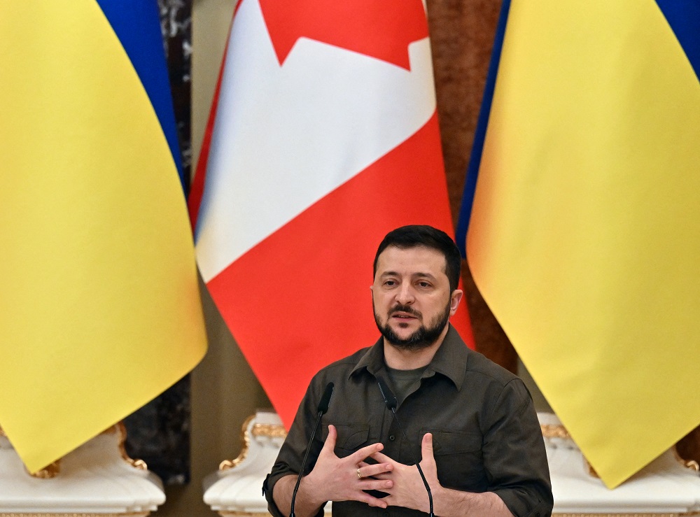 Ukrainian President Volodymyr Zelensky gestures during a joint press conference with Canada's Prime Minister Justin Trudeau (unseen) in Kyiv May 8, 2022. u00e2u20acu201d AFP pic