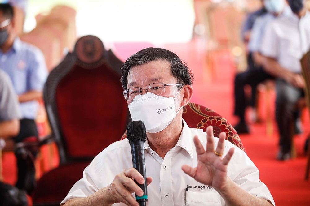 Penang Chief Minister Chow Kon Yeow speaks to the press during the Gurney Wharf groundbreaking ceremony at Persiaran Gurney in Penang May 14, 2022.