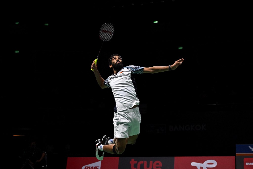 India's Kidambi Srikanth hits a return against Indonesia's Jonatan Christie during the men's finals of the Thomas and Uber Cup badminton tournament in Bangkok on May 15, 2022. u00e2u20acu201d AFP pic