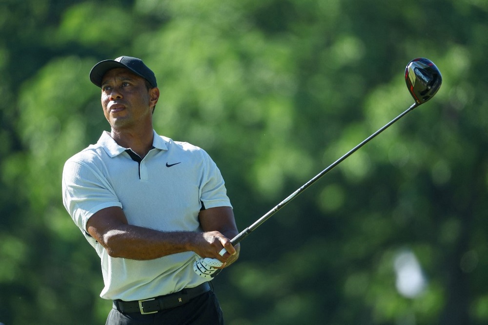 Tiger Woods of the United States watches a tee shot during a practice round prior to the start of the 2022 PGA Championship at Southern Hills Country Club in Tulsa May 16, 2022. u00e2u20acu201d Picture by Andrew Redington/Getty Images via AFP