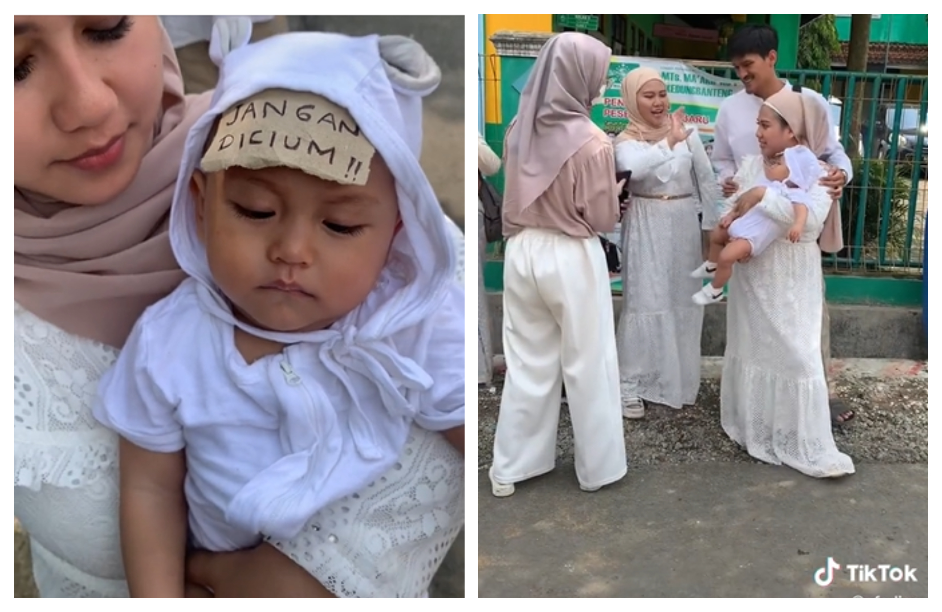 After putting a u00e2u20acu02dcno kissingu00e2u20acu2122 sign on her babyu00e2u20acu2122s forehead, user efadina wrote that many complimented her baby without touching nor carrying him. u00e2u20acu201d Pictures via TikTok/efadina