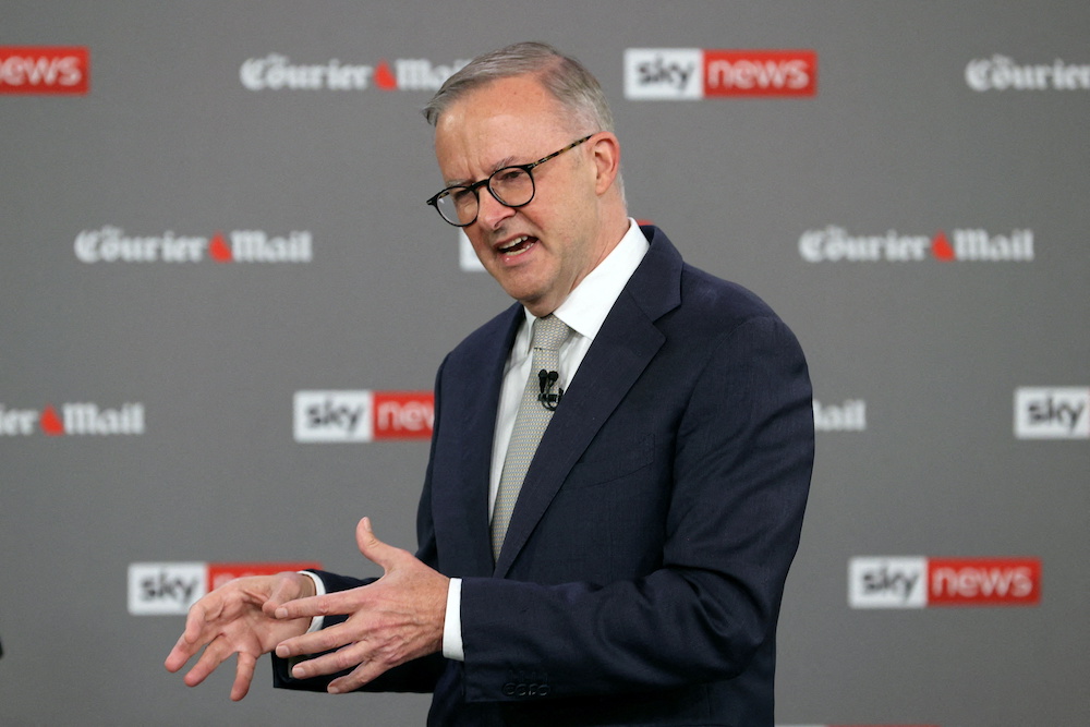 Australian Opposition Leader Anthony Albanese speaks during the first leadersu00e2u20acu2122 debate of the 2022 federal election, at the Gabba sports stadium, in Brisbane, April 20, 2022. u00e2u20acu201d Reuters pic