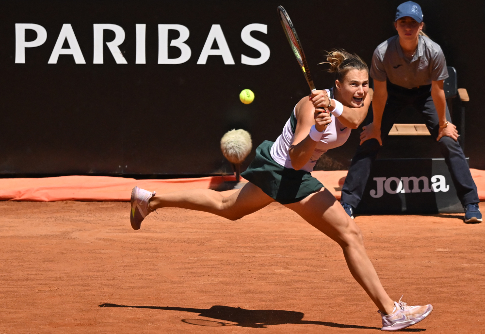 Belarusu00e2u20acu2122 Aryna Sabalenka returns to USAu00e2u20acu2122s Amanda Anisimova during their quarter finals match at the WTA Rome Open tennis tournament May 13, 2022 at Foro Italico in Rome. u00e2u20acu201d AFP pic 