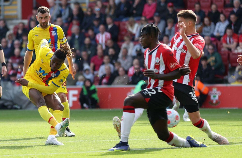 Crystal Palaceu00e2u20acu2122s Wilfried Zaha scores their second goal against Southampton during their Premier League match at St Maryu00e2u20acu2122s Stadium, Southampton, April 30, 2022. u00e2u20acu201d Reuters pic