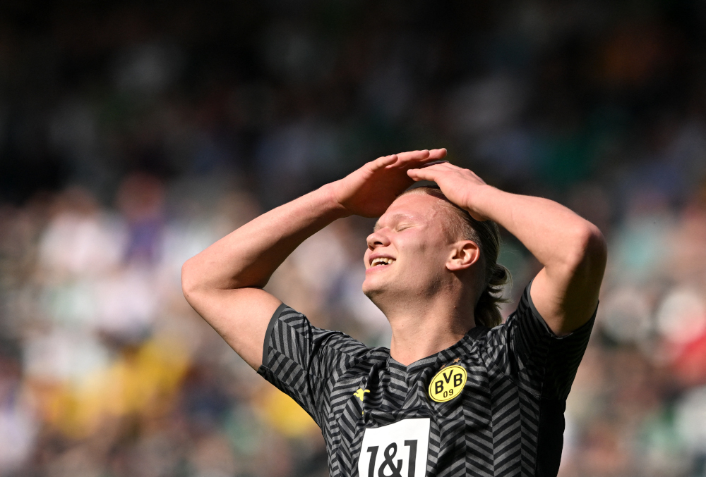 Dortmund forward Erling Haaland reacts during the German first division Bundesliga match between SpVgg Greuther Fuerth and Borussia Dortmund in Fuerth, May 7, 2022. u00e2u20acu201d AFP pic 