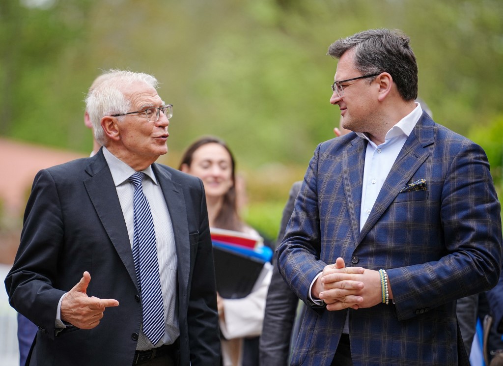 The High Representative of the European Union for Foreign Affairs and Security Policy Josep Borrell (left) and Ukraine's Foreign Minister Dmytro Kuleba talk during a bilateral meeting at the G7 Foreign Ministers meeting in Wangels, northern Germany, May 1