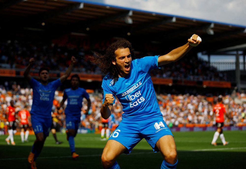 Olympique de Marseille's Matteo Guendouzi celebrates scoring their second goal against Lorient at Stade du Moustoir, Lorient May 8, 2022. u00e2u20acu201d Reuters pic