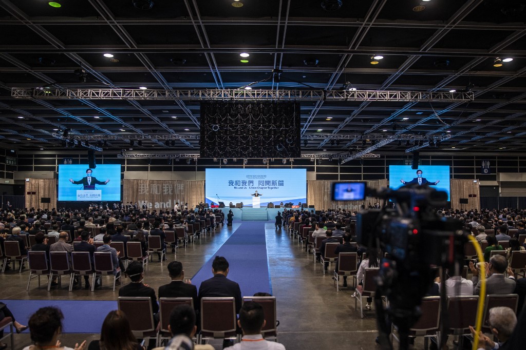 Guests attend an event for Hong Kongu00e2u20acu2122s former chief secretary John Lee (not pictured) in Hong Kong on May 6, 2022, ahead of the Hong Kong Chief Executive election on May 8. u00e2u20acu201d AFP pic