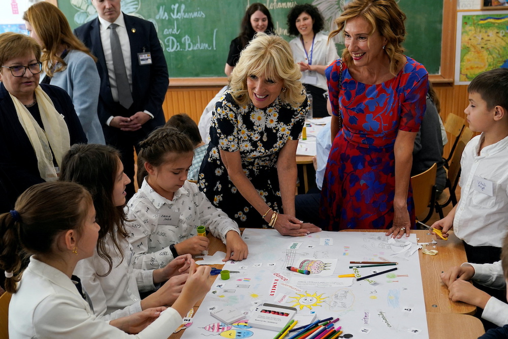 US first lady Jill Biden and Romaniau00e2u20acu2122s first lady Carmen Johannis visit the Scoala Gimnaziala Uruguay, or Uruguay School, in Bucharest, Romania, May 7, 2022. u00e2u20acu201d Reuters pic