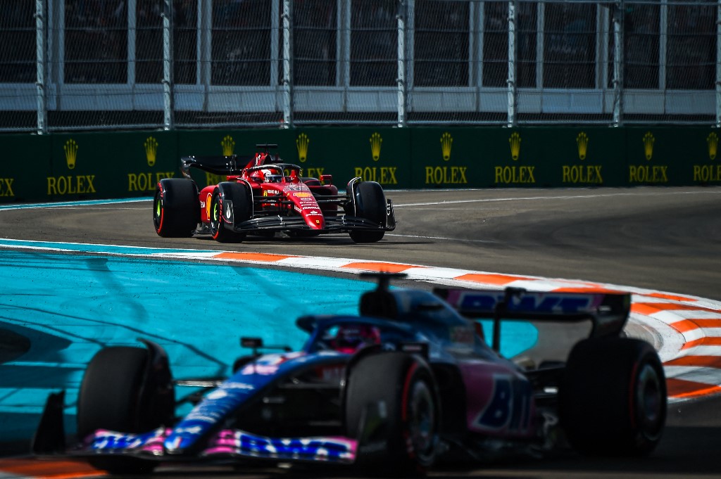 Ferrariu00e2u20acu2122s Monegasque driver Charles Leclerc (rear) races during qualifying for the Miami Formula One Grand Prix at the Miami International Autodrome in Miami Gardens, Florida, on May 7, 2022. u00e2u20acu201d AFP pic