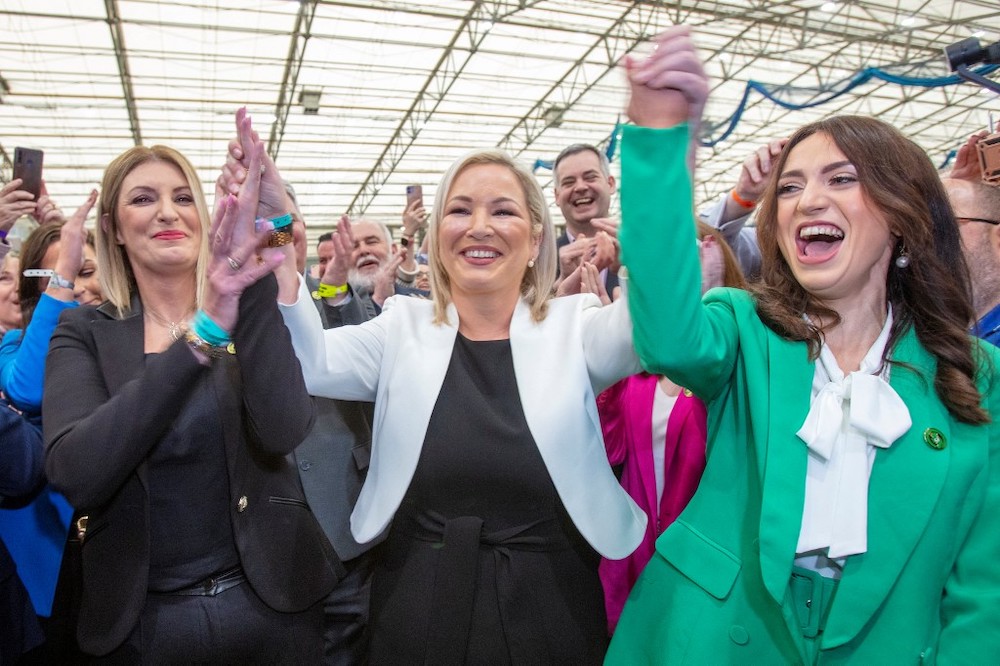Deputy First Minister of Northern Ireland and Irish republican Sinn Fein party member Michelle O'Neill (centre) celebrates with party members after being elected on the first count to the Northern Ireland Assembly, at the Magherafelt Meadowbank sports cen