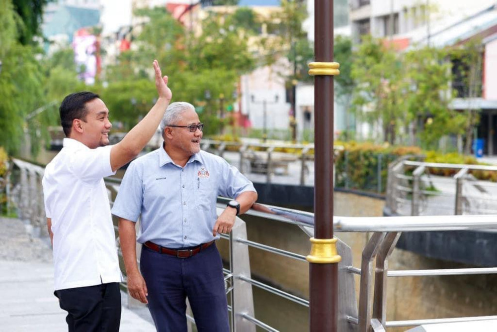 Johor Mentri Besar Datuk Onn Hafiz Ghazi and Johor Baru Mayor Datuk Mohd Noorazam Osman during his visit to the Sungai Segget area of the Johor Baru city centre, May 11, 2022. u00e2u20acu201d Picture courtesy of Facebook/Onn Hafiznn