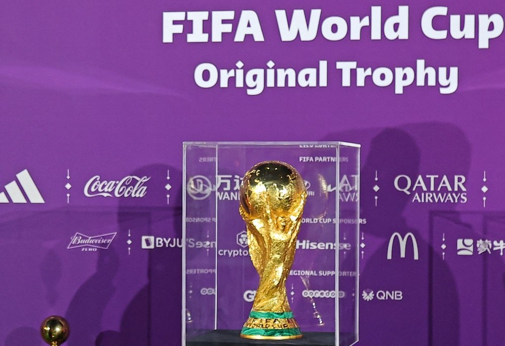 A general view shows the World Cup original trophy on display in the Qatari capital Doha on May 6, 2022, during an event marking 200 days to go until the 2022 FIFA World Cup. u00e2u20acu201d AFP picnn