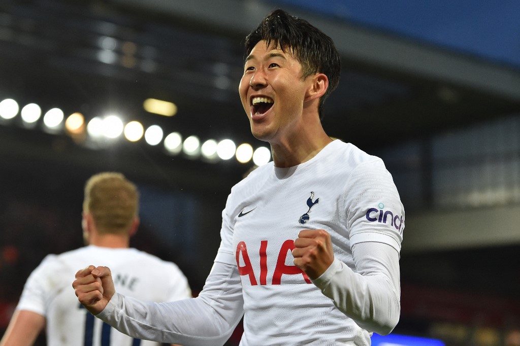 Tottenham Hotspuru00e2u20acu2122s South Korean striker Son Heung-Min celebrates after scoring the opening goal of the English Premier League match between Liverpool and Tottenham Hotspur at Anfield in Liverpool, May 7, 2022. u00e2u20acu201d AFP pic