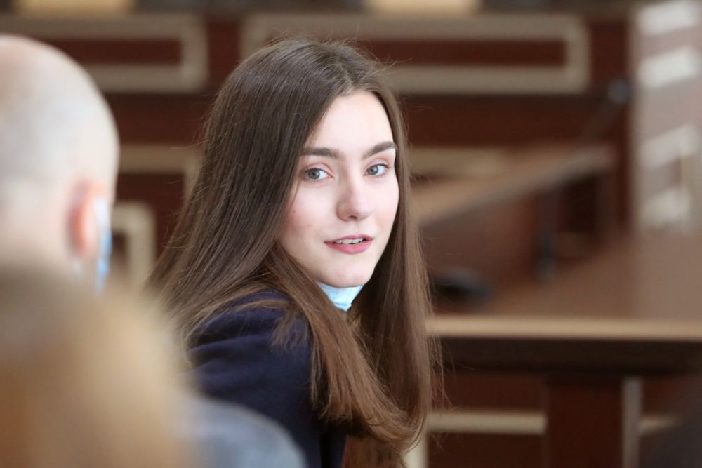 Russian citizen Sofia Sapega, who was detained in Minsk with her dissident boyfriend Roman Protasevich after their commercial flight was forced to land in Belarus last year, attends a court hearing in Grodno, Belarus May 6, 2022. u00e2u20acu201d /BelTA/Handout via Re