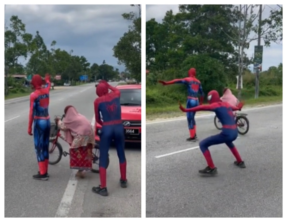 The stall workers have been amusing many on TikTok after helping a senior citizen cross the road. u00e2u20acu201d Pictures via TikTok/azharpenjualjalanannn