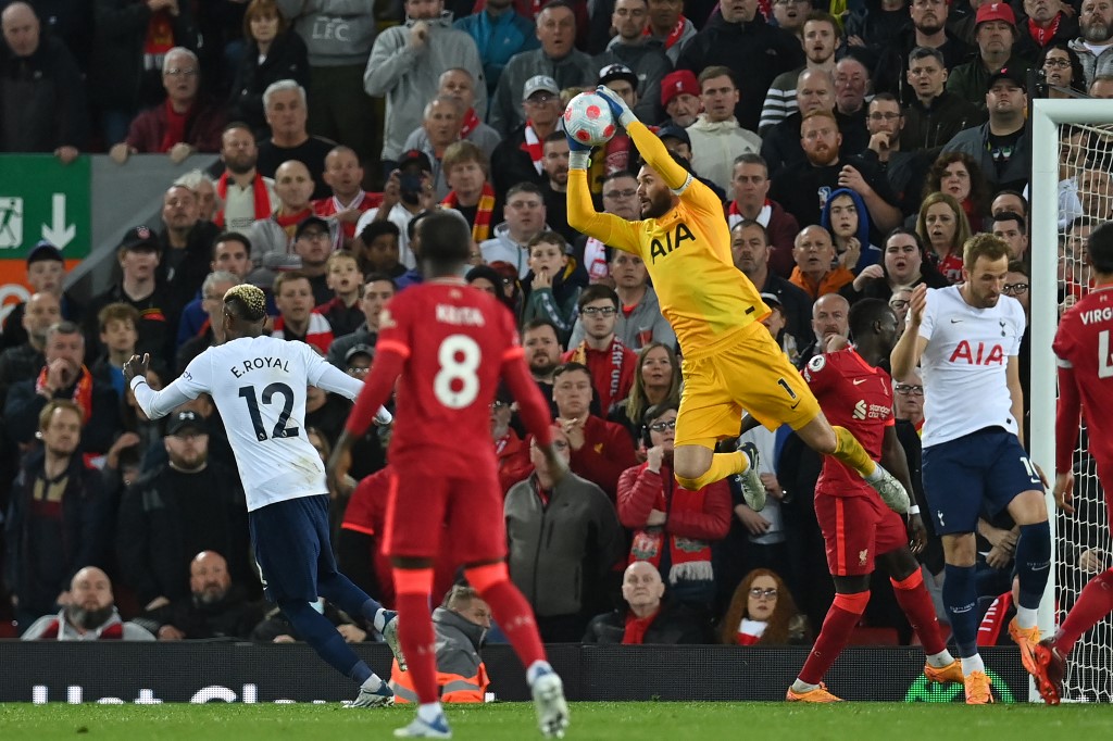 Tottenham Hotspuru00e2u20acu2122s French goalkeeper Hugo Lloris catches the ball during the English Premier League match between Liverpool and Tottenham Hotspur at Anfield in Liverpool, on May 7, 2022. u00e2u20acu201d AFP pic