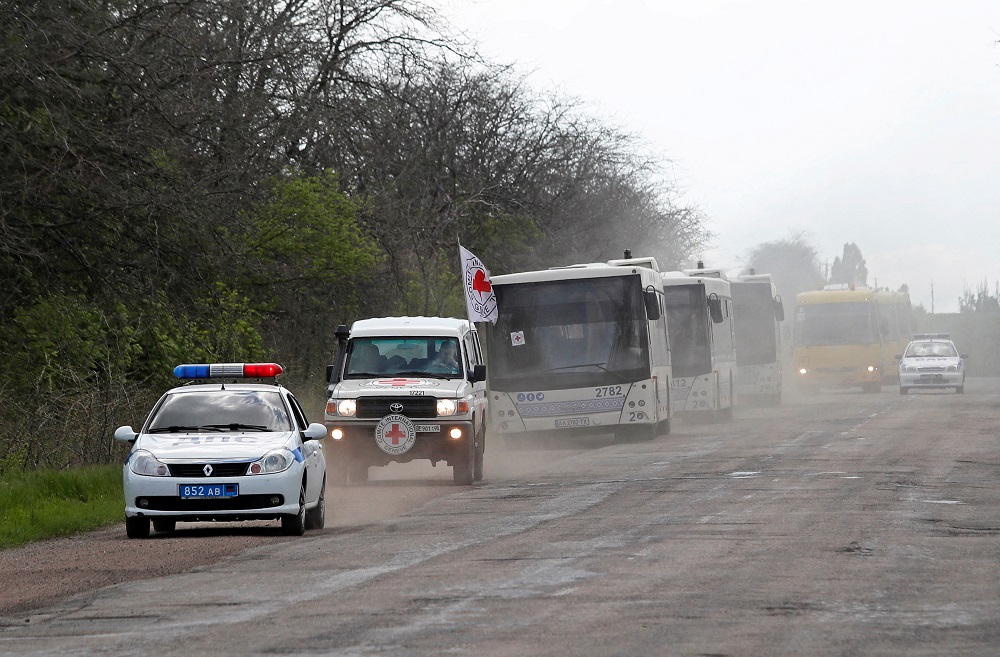A bus convoy carrying evacuees from Mariupol area is seen on a road on the way to Zaporizhzhia, during Ukraine-Russia conflict in the Donetsk Region, Ukraine May 2, 2022. u00e2u20acu2022 Reuters file pic