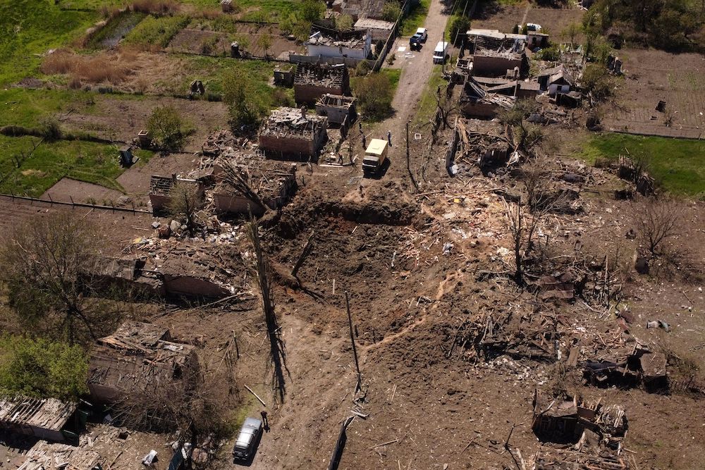 A hole is seen at the site where a missile strike hit a residential area, amid Russiau00e2u20acu2122s invasion of Ukraine, in Bakhmut in the Donetsk region, Ukraine, May 7, 2022. Picture taken with a drone. u00e2u20acu201d Reuters pic