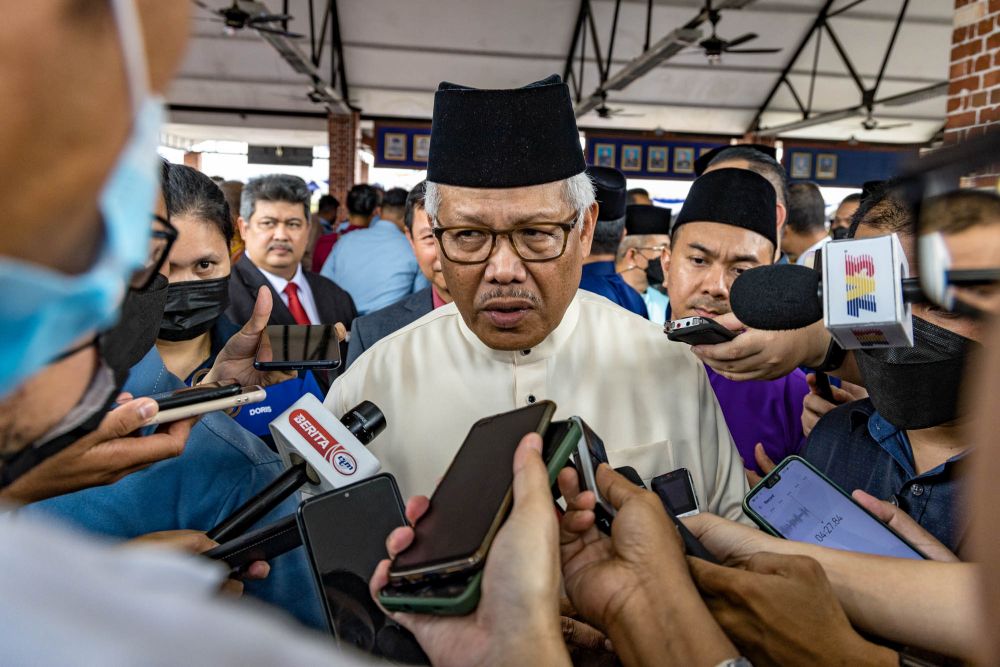 Home Minister Datuk Seri Hamzah Zainudin speaks to reporters at a Hari Raya open house at Pusat Latihan Polis in Kuala Lumpur May 11, 2022. u00e2u20acu201d Picture by Firdaus Latif