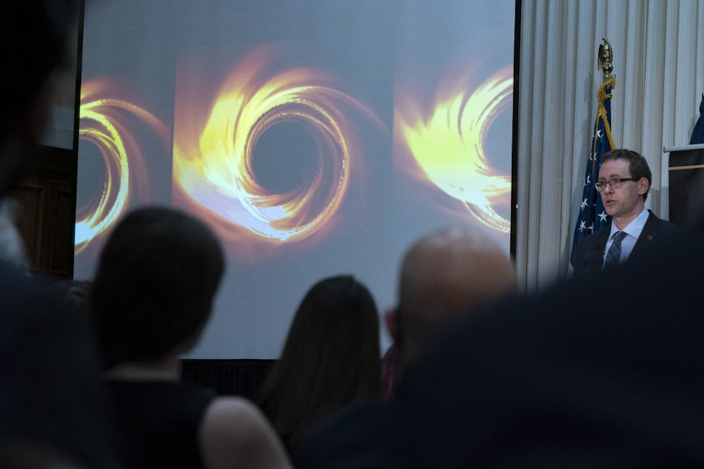 Astrophysicist at Centre for Astrophysics Michael Johnson speaks during a news conference to announce the first image of Sagittarius A*, a supermassive black hole, at the centre of the Milky Way Galaxy, in Washington, DC May 12, 2022. u00e2u20acu201d AFP pic