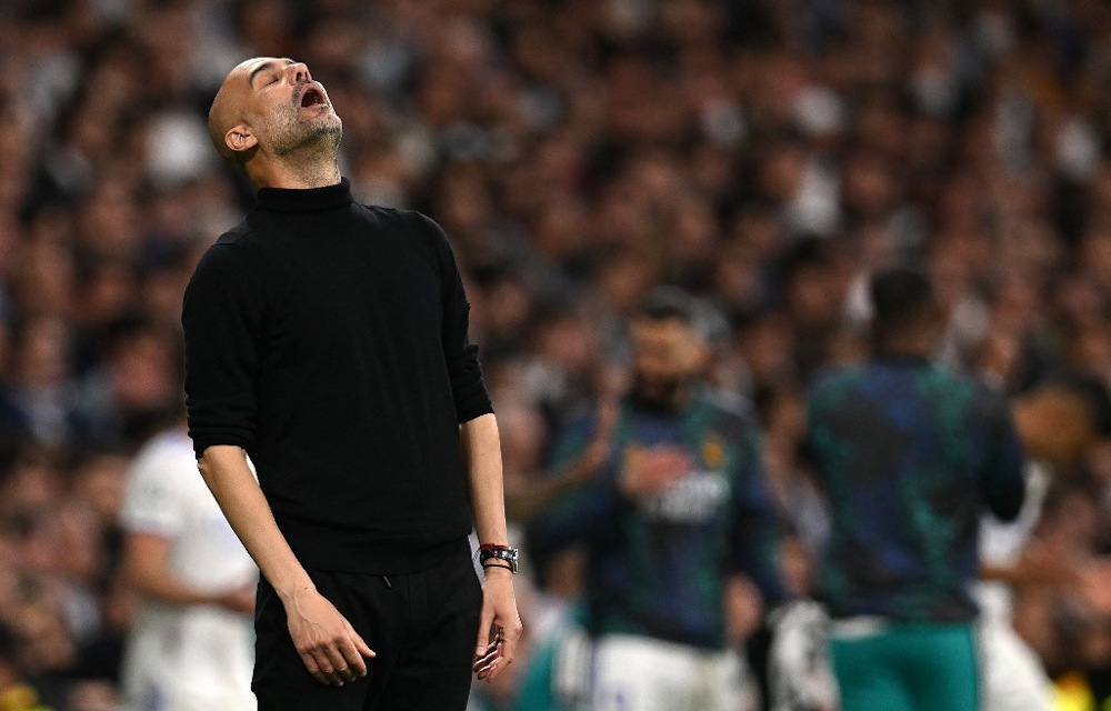 Manchester Cityu00e2u20acu2122s Spanish manager Pep Guardiola reacts during the Uefa Champions League semi-final second leg football match between Real Madrid CF and Manchester City at the Santiago Bernabeu stadium in Madrid May 4, 2022. u00e2u20acu201d AFP pic