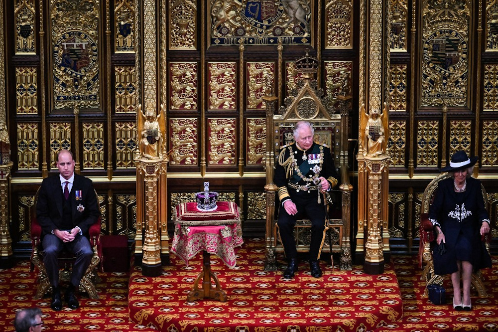 Britainu00e2u20acu2122s Prince Charles, Prince of Wales sits by The Imperial State Crown (2nd left) with Prince William, Duke of Cambridge and Camilla, Duchess of Cornwall in the House of Lords Chamber, during the State Opening of Parliament May 10, 2022. u00e2u20acu201d AFP pic