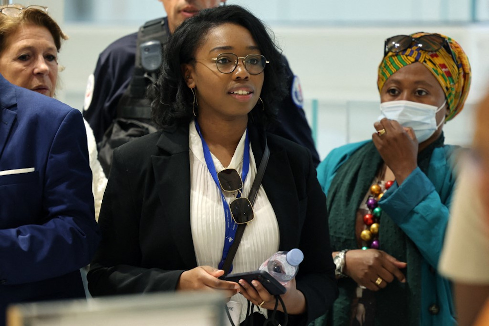 Crash survivor Bahia Bakari leaves the courtroom for a break at The Parisu00e2u20acu2122 Courthouse on May 9, 2022, during the opening hearing in the case of the 2009 crash of a Yemenia Airways flight that killed all 152 of her fellow passengers and crew. u00e2u20acu201d AFP pic