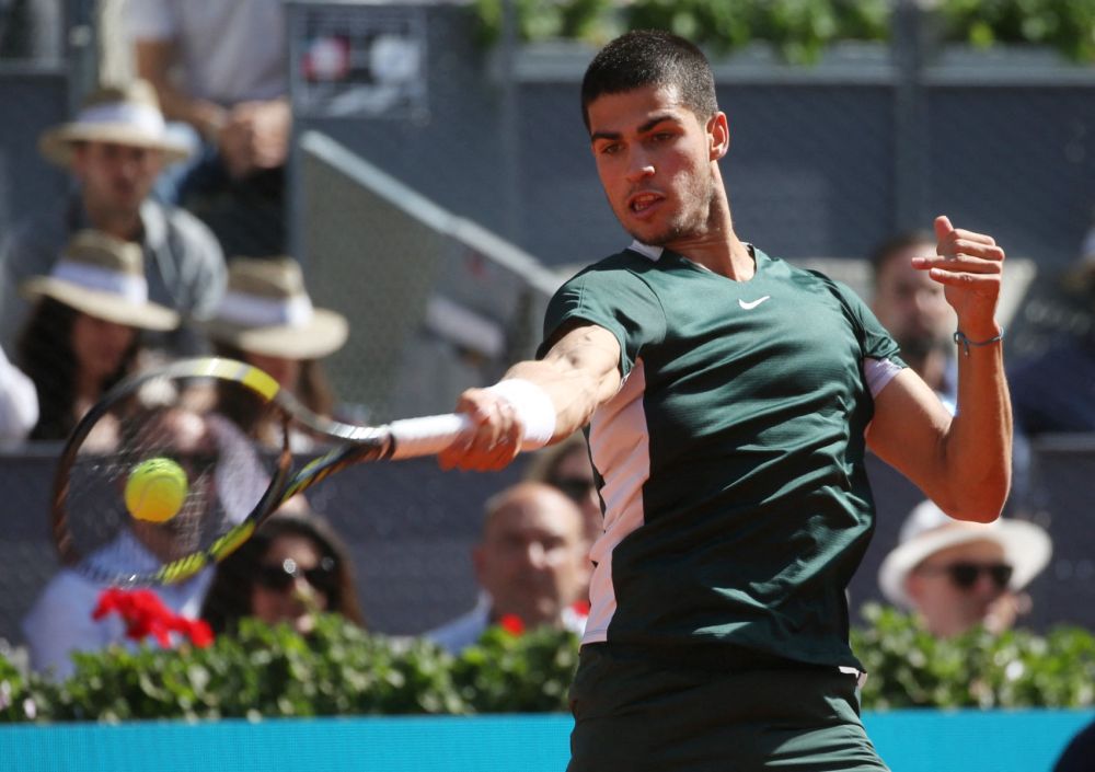 Spain's Carlos Alcaraz Garfia in action during his quarter final match against Spain's Rafael Nadal at Caja Magica, Madrid May 6, 2022. u00e2u20acu201d Reuters pic