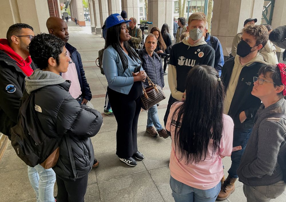 Amazon Labour Union organisers gather outside 2 Metro Tech building, where workers' votes were counted, resulting in the rejection of the unionisation of Amazon's LDJ5 sortation centre in New York, May 2, 2022. u00e2u20acu201d Reuters pic