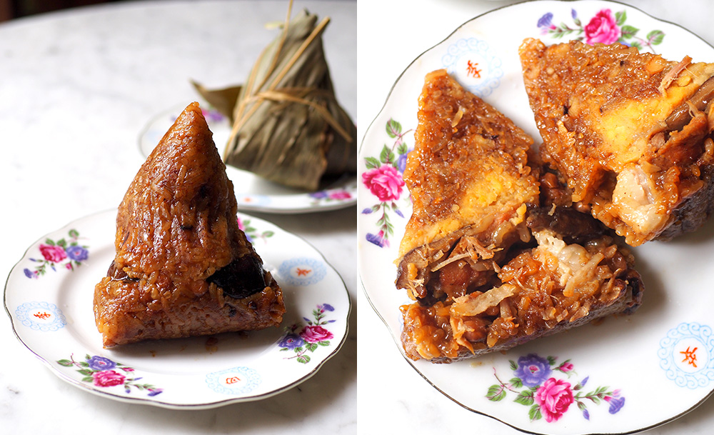 The Hokkien 'bak chang' is beautifully wrapped with sharp edges and soft rice grains fried with black eyed beans to flavour it (left). Inside the rice dumpling, you will discover layers of yumminess from soft mung beans, a combination of fat and lean pork, shiitake mushrooms and salted egg yolk (right).