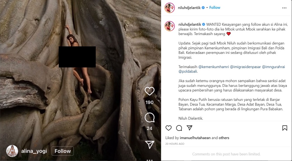 Screenshots of the now-deleted are still circulating on social media. ― Picture via Instagram/ Niluh Djelantik