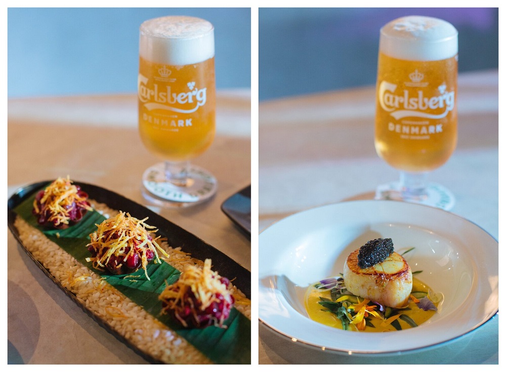 The Beetroot Chaat (left) which takes 48 hours to make and Hokkaido Scallop with Coconut Sothi, Nelika and Oscietra Caviar. ― Pictures courtesy of Carlsberg Malaysia