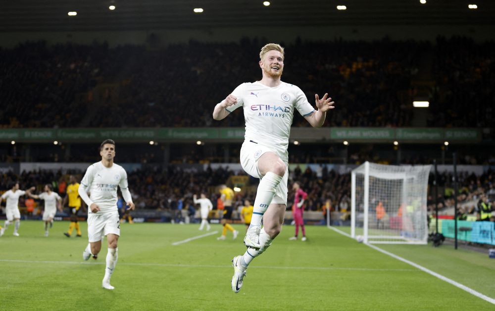 Manchester City's Kevin De Bruyne celebrates scoring their fourth goal against Wolverhampton Wanderers at the Molineux Stadium, Wolverhampton May 11, 2022. u00e2u20acu201d Reuters pic