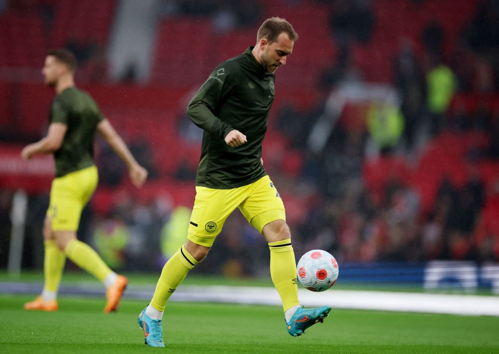 Brentfordu00e2u20acu2122s Christian Eriksen during warm up before the match against Manchester United at Old Trafford,  Manchester May 2, 2022. u00e2u20acu201d Reuters pic