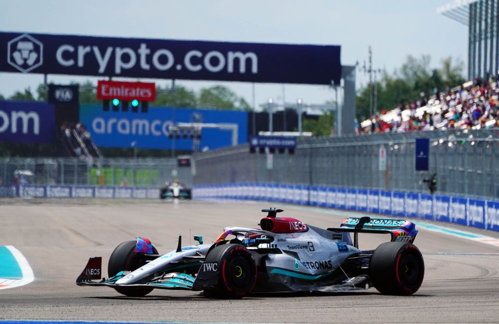 Mercedes driver George Russell of Britain races through the circuit during the first practice session for the Miami Grand Prix at Miami International Autodrome May 6, 2022. u00e2u20acu201d Reuters pic
