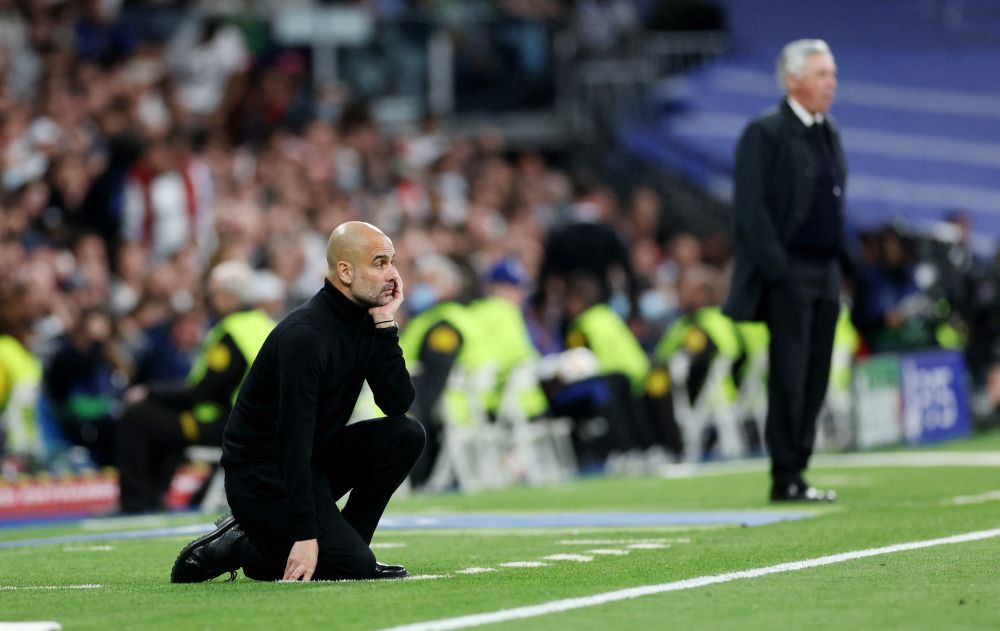 Manchester City manager Pep Guardiola and Real Madrid coach Carlo Ancelotti look on during the match at Santiago Bernabeu, Madrid May 4, 2022. u00e2u20acu201d Reuters pic nn