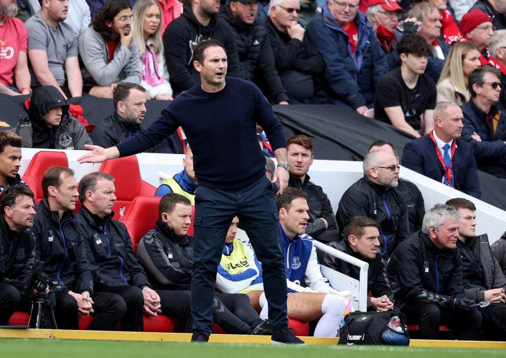 Everton manager Frank Lampard reacts during the match against Liverpool at Anfield April 24, 2022. u00e2u20acu201d Reuters picn