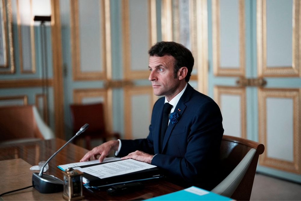 French President Emmanuel Macron takes part in a video conference with G7 and Ukraine presidents, at the presidential Elysee Palace in Paris May 8, 2022. u00e2u20acu201d Reuters pic