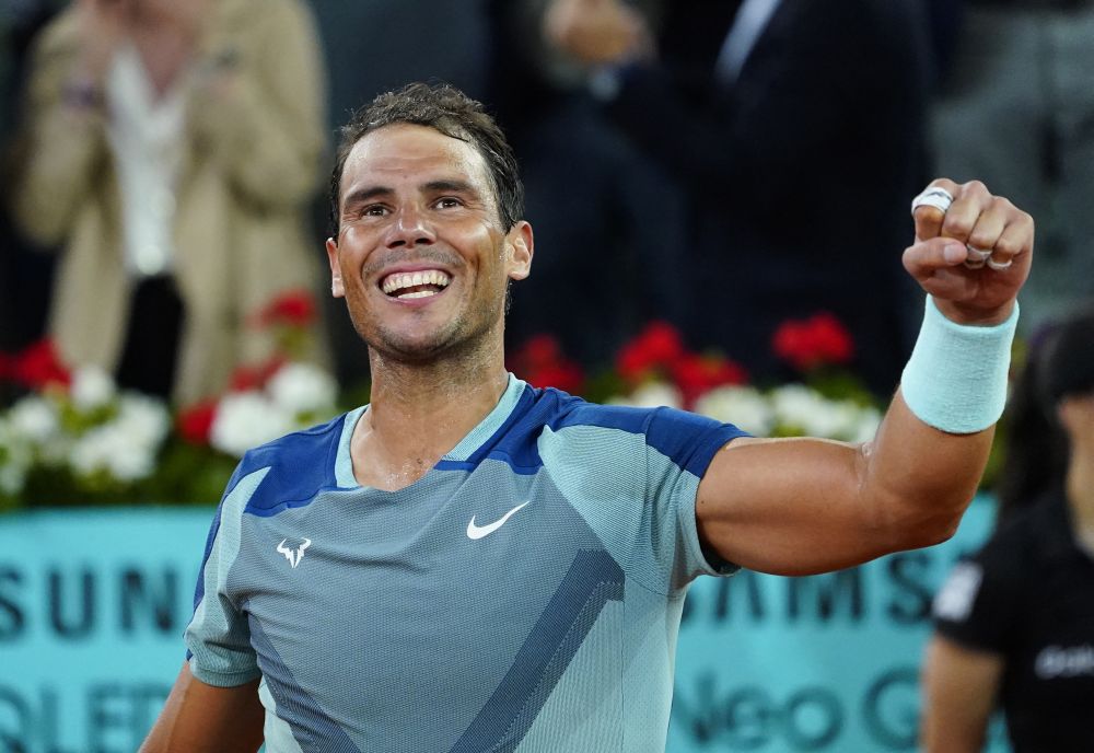 Spain's Rafael Nadal celebrates after winning his second round match against Serbia's Miomir Kecmanovic at Caja Magica, Madrid May 4, 2022. u00e2u20acu201d Reuters pic nn