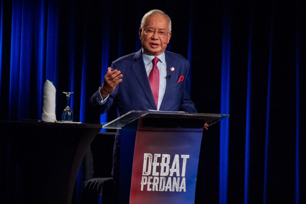 Datuk Seri Najib Razak speaks during the Debat Perdana at Matic, Kuala Lumpur, May 12, 2022. u00e2u20acu201d Picture by Shafwan Zaidon