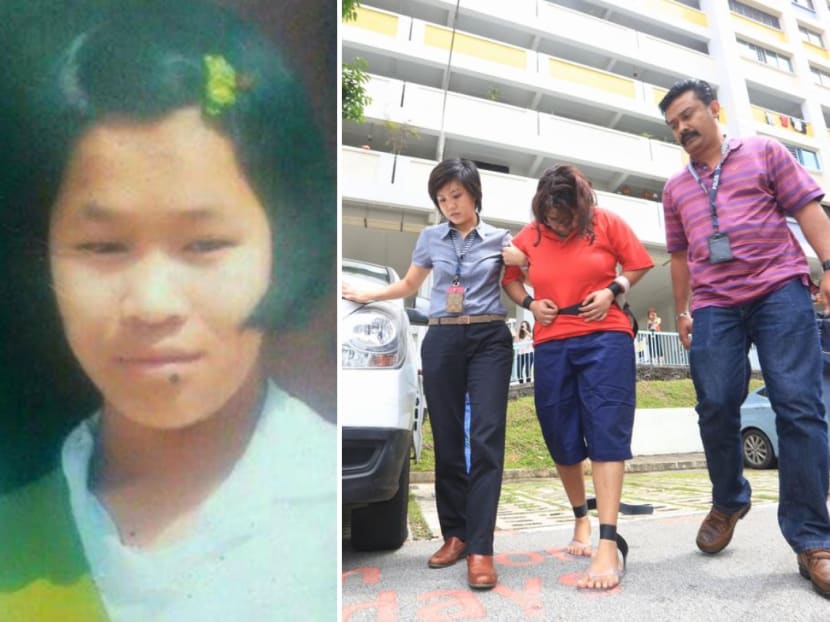 (Left) An old picture of Piang Ngaih Don. (Right) Gaiyathiri Murugayan (centre) being led by investigators to her Bishan flat in 2016 for a re-enactment of how Piang died. u00e2u20acu2022 TODAY pic