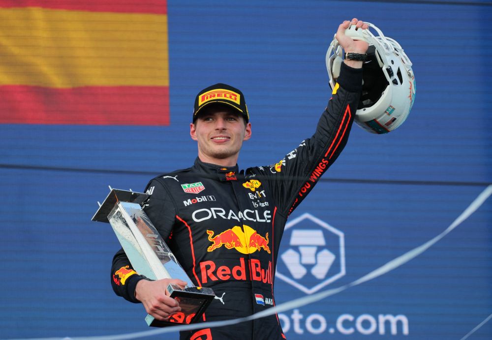 Red Bull's Max Verstappen celebrates on the podium after winning the Miami Grand Prix at the Miami International Autodrome, Florida May 8, 2022. u00e2u20acu201d Reuters pic