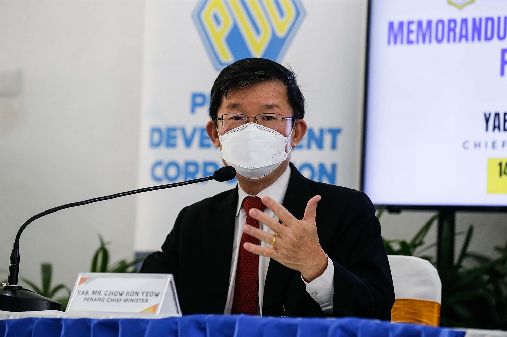 Penang Chief Minister Chow Kon Yeow speaks at the Penang Developement Corporation Office in George Town April 14, 2022. u00e2u20acu2022 Picture by Sayuti Zainudin